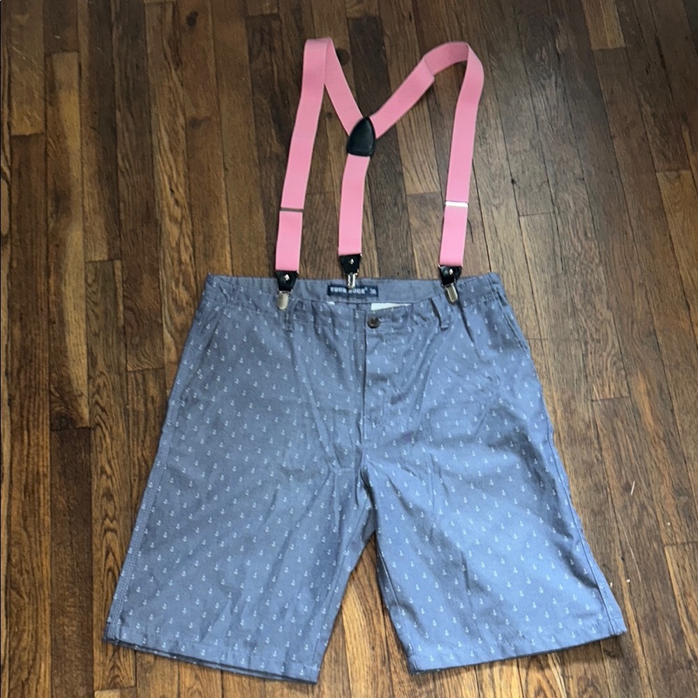 Blue Anchor Patterned Shorts with Pink Suspenders